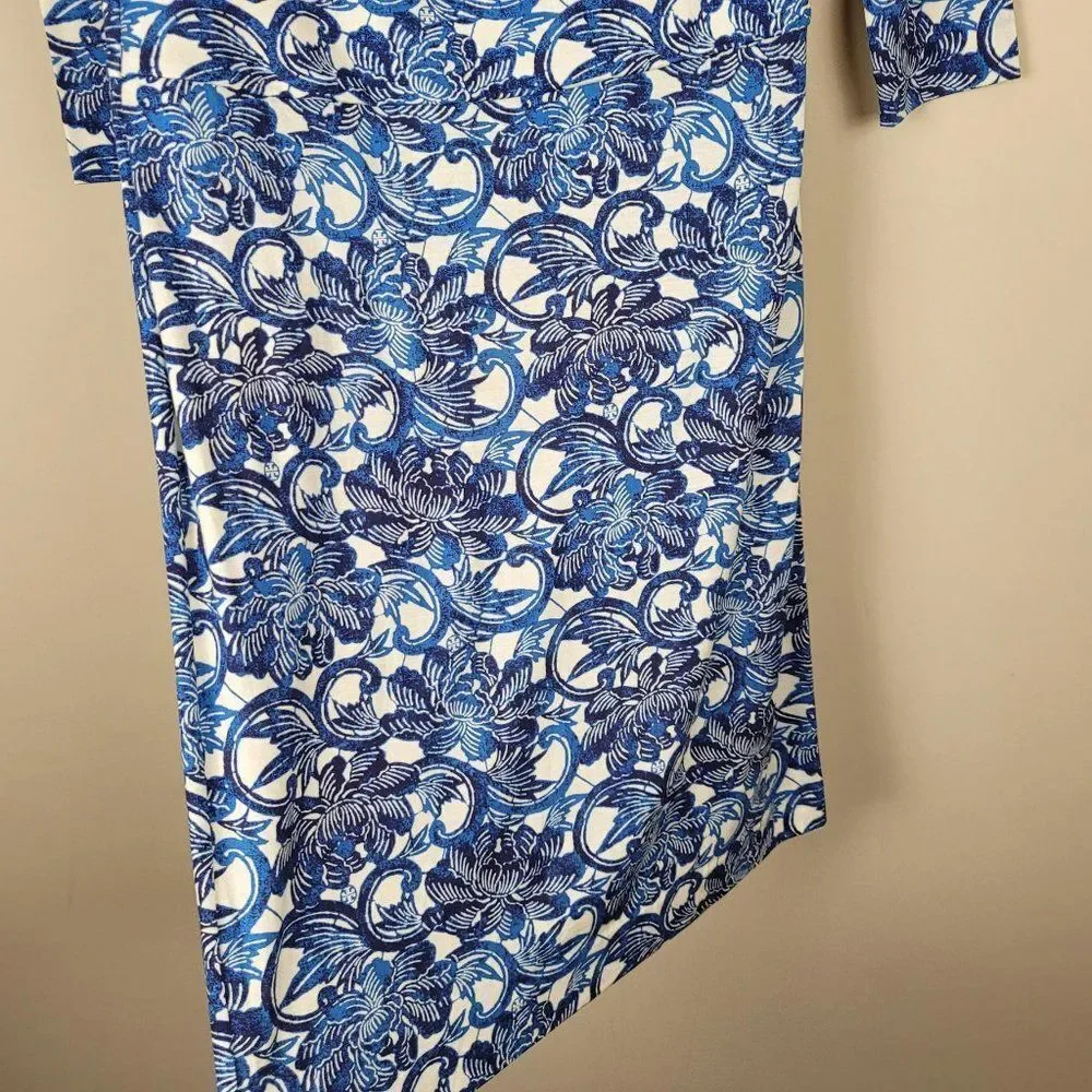 Tory Burch Sheila Floral Silk Dress Knee Lenght 3/4 Sleeve Blue White Size S